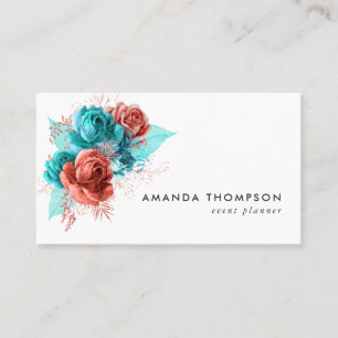 Tarjeta De Visita Floral Acuarela Turquesa y Coral