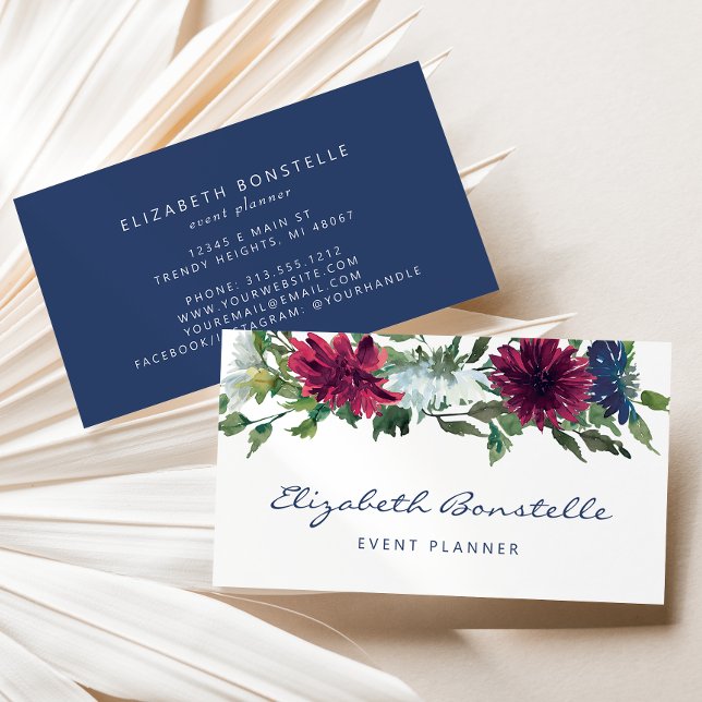 Tarjeta De Visita Floral acuática azul borgoña marina (Subido por el creador)