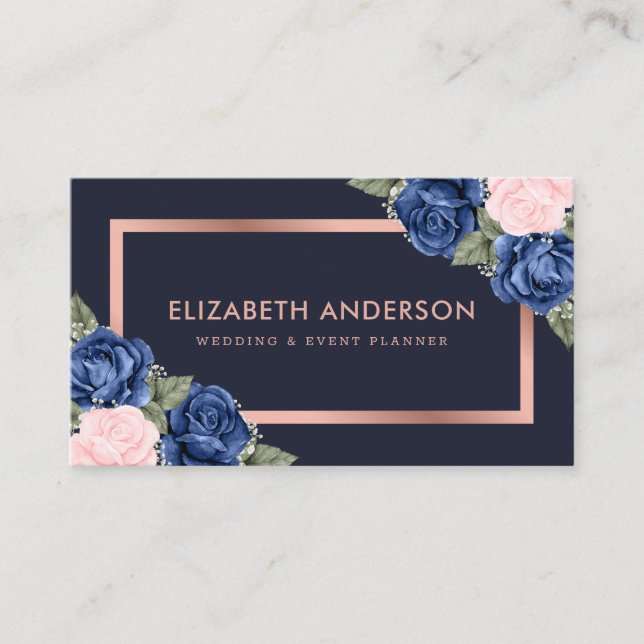 Tarjeta De Visita Floral acuática azul Rosa dorado (Anverso)