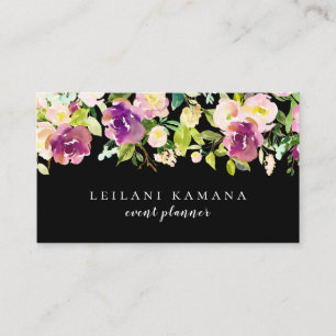Tarjeta De Visita Floral acuática moderna de color negro