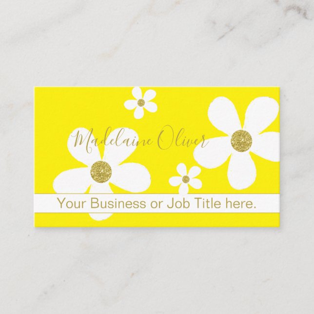 Tarjeta De Visita Floral Amarillo Grande Blanco Daisy Gold Profesion (Anverso)