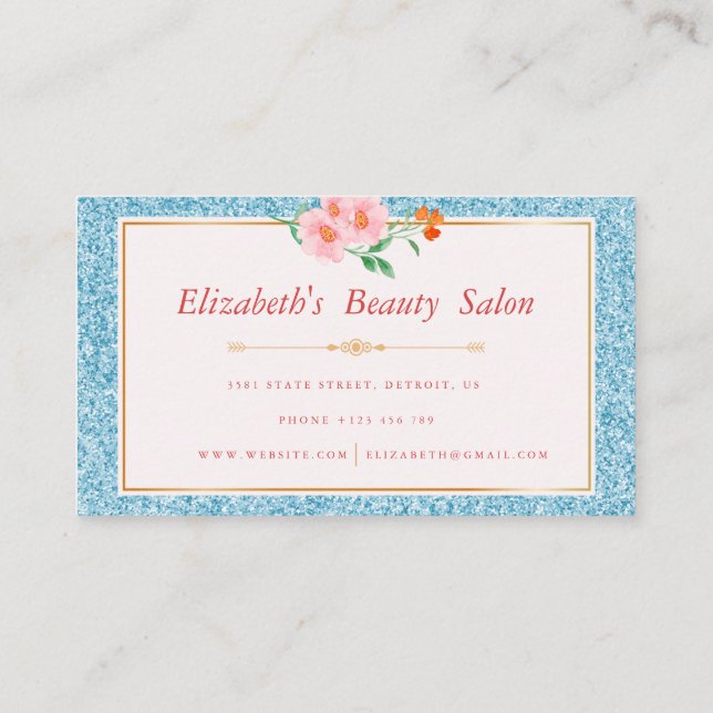Tarjeta De Visita Floral Aqua Blue Purpurina maquillaje artista Bell (Reverso)