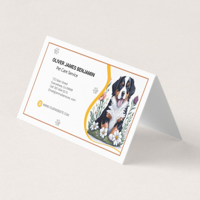 Tarjeta De Visita Floral Bernese Mountain Dog Pet Care (Anverso)