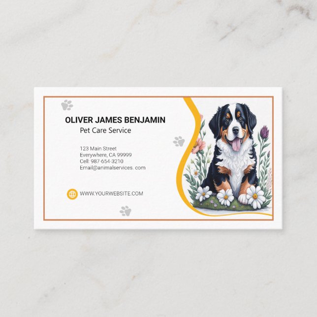 Tarjeta De Visita Floral Bernese Mountain Dog Pet Care (Anverso)
