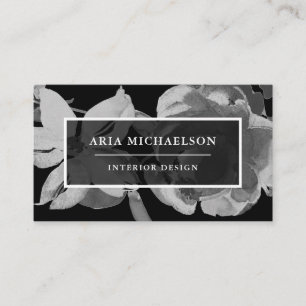 Tarjeta De Visita Floral blanca y negra elegante