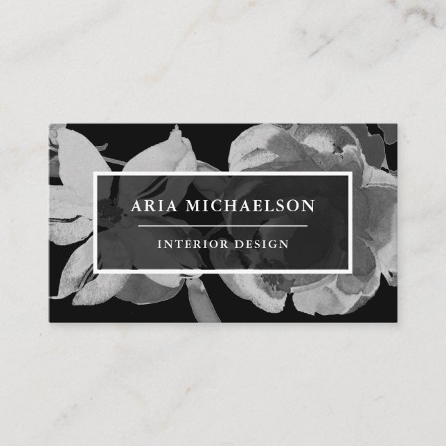 Tarjeta De Visita Floral blanca y negra elegante (Anverso)