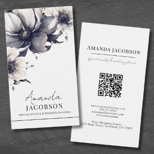 Tarjeta De Visita Floral Blanco Negro Vertical Elegante Profesional