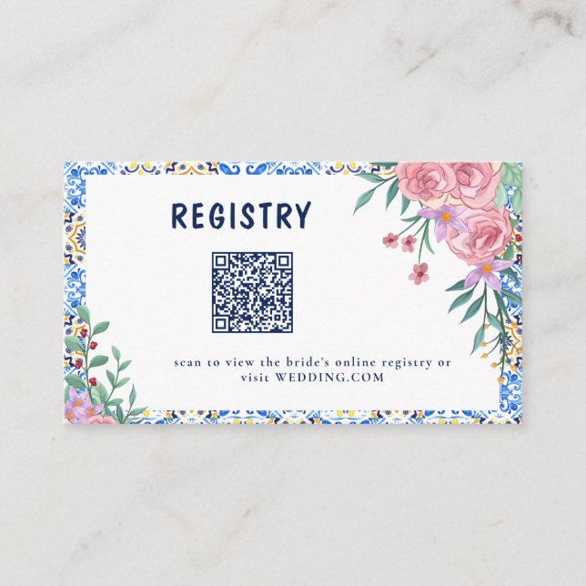 Tarjeta De Visita Floral Blue Tile Bridal Shower Enclosure Card (Anverso)