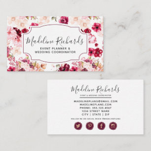 Tarjeta De Visita Floral borgoña y rosa con iconos en los medios soc