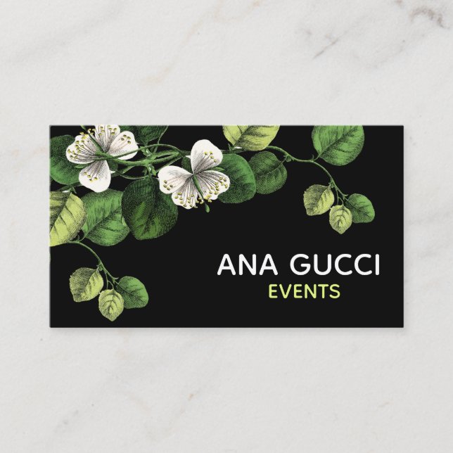 Tarjeta De Visita Floral botánico verde blanco negro elegante (Anverso)
