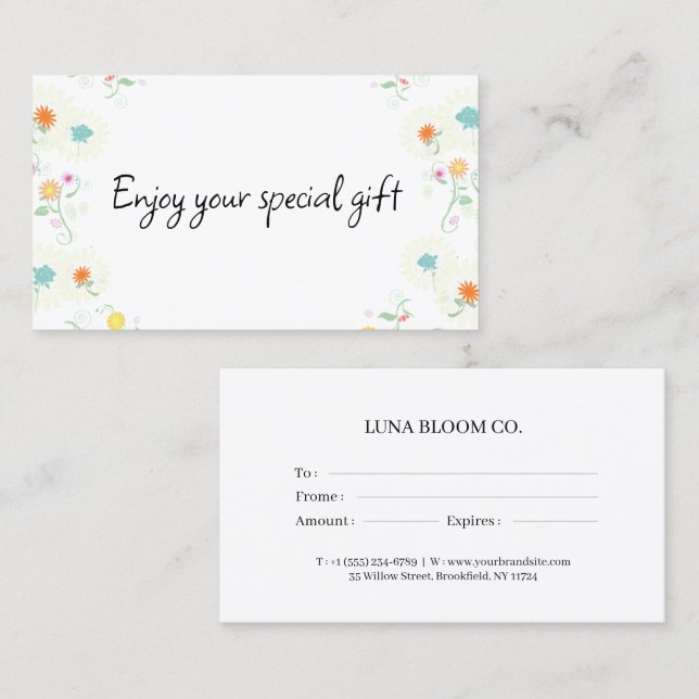 Tarjeta De Visita Floral Business Gift Certificate Card (Anverso / Reverso)