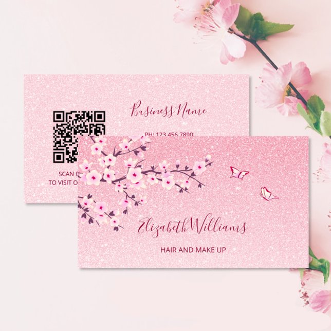 Tarjeta De Visita Floral Cerezo Blossom Purpurina rosa Código QR (Subido por el creador)