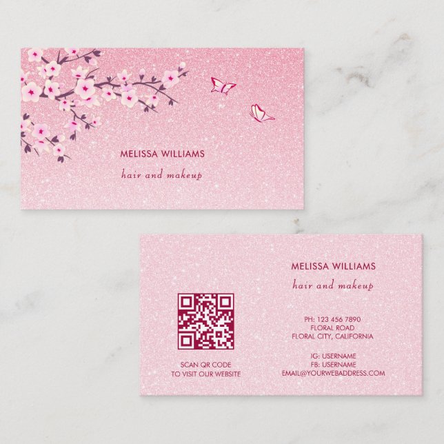 Tarjeta De Visita Floral Cherry Blossom Pink Glitter QR Code (Anverso / Reverso)