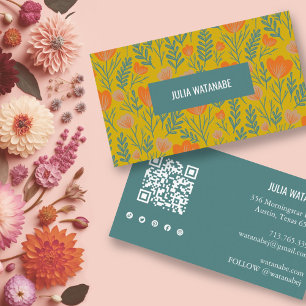 Tarjeta De Visita Floral Código QR Medios sociales Oro Moda Verde
