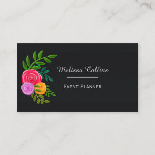 Tarjeta De Visita Floral colorida sobre negro elegante