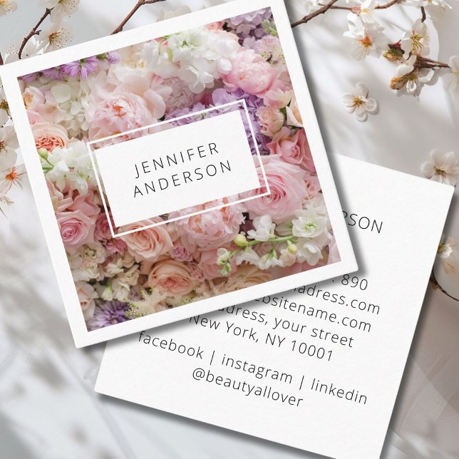 Tarjeta de visita floral cuadrada moderna (Modern, flower photography, business card. You can choose font, color, etc. individually by using "f)