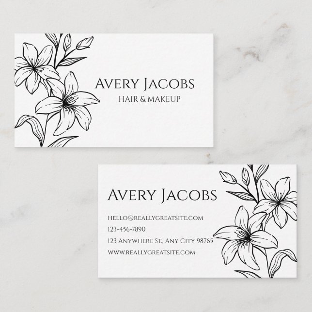 Tarjeta De Visita Floral de boho blanco y negro moderna única (Anverso / Reverso)