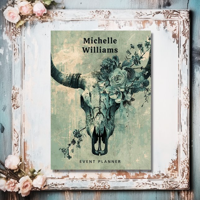 Tarjeta De Visita Floral de cráneo de vaca rústica Boho occidental (Front - Rustic Cow Skull Floral Boho Western Business Card)