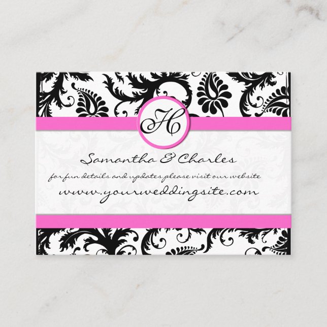 Tarjeta De Visita Floral de damasco blanco y negro con trineo rosa (Anverso)