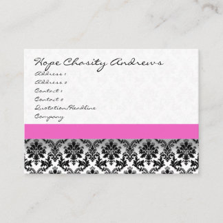 Tarjeta De Visita Floral de Damasco blanco y negro de cinta rosada -