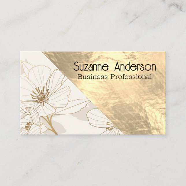 Tarjeta De Visita Floral de lujo | Textura Metalizado de oro (Anverso)