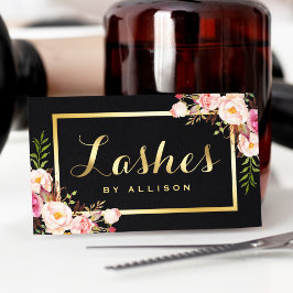 Tarjeta De Visita Floral de oro negro de maquillaje moderno