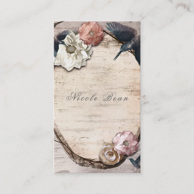 Tarjeta De Visita Floral de pájaro blanco rústico y colibrí elegante (Anverso)