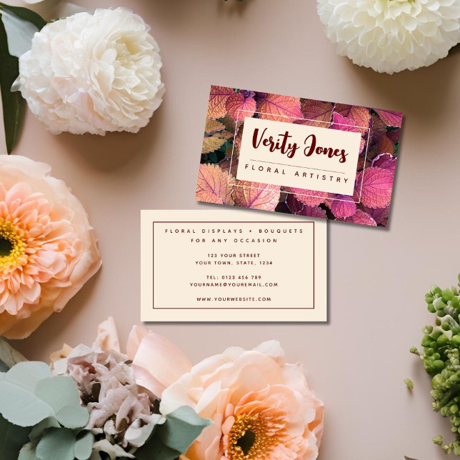 Tarjeta de visita floral de personalizable (Warm floral tones, pink, burgundy, cream, elegant florist or floral business card)
