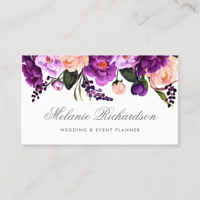Tarjeta De Visita Floral de plata púrpura ultravioleta elegante (Anverso)