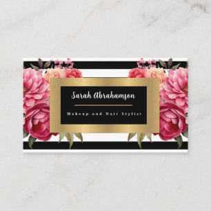 Tarjeta De Visita Floral de rayas en blanco y negro elegante