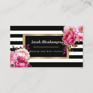 Tarjeta De Visita Floral de rayas en blanco y negro elegante