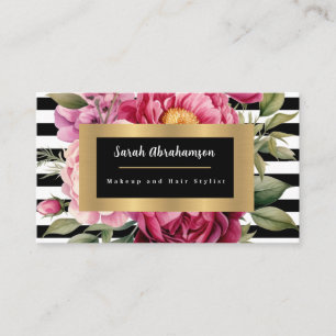 Tarjeta De Visita Floral de rayas en blanco y negro elegante
