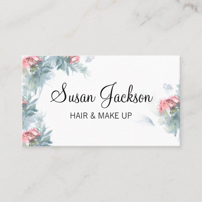 Tarjeta De Visita Floral de salvia rosa elegante maquillaje de pelo  (Anverso)