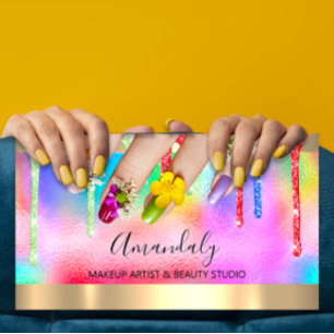 Tarjeta De Visita Floral de uña azul Purpurina rojo maquillaje Holog