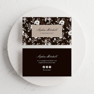 Tarjeta De Visita Floral Dinero Antiguo   Marrón Oscuro, Beige y Bla