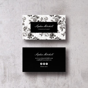 Tarjeta De Visita Floral Dinero Antiguo Negro Oscuro y Blanco