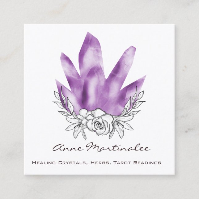Tarjeta de visita Floral Doodle Purple Crystals Sq (Anverso)