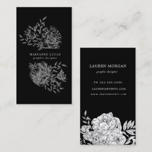 tarjeta de visita floral elegante en blanco y negr