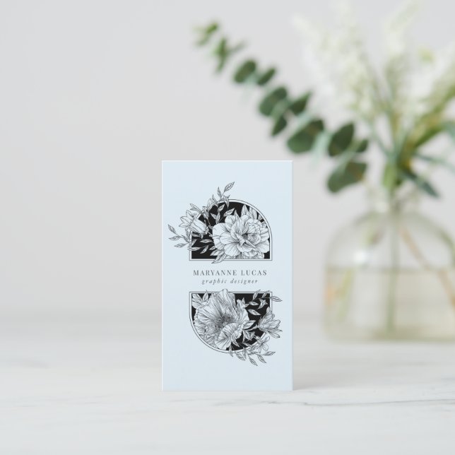 Tarjeta De Visita Floral elegante en blanco y negro (Anverso de pie)