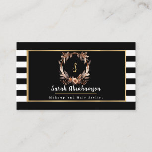 Tarjeta De Visita Floral elegante en blanco y negro a rayas