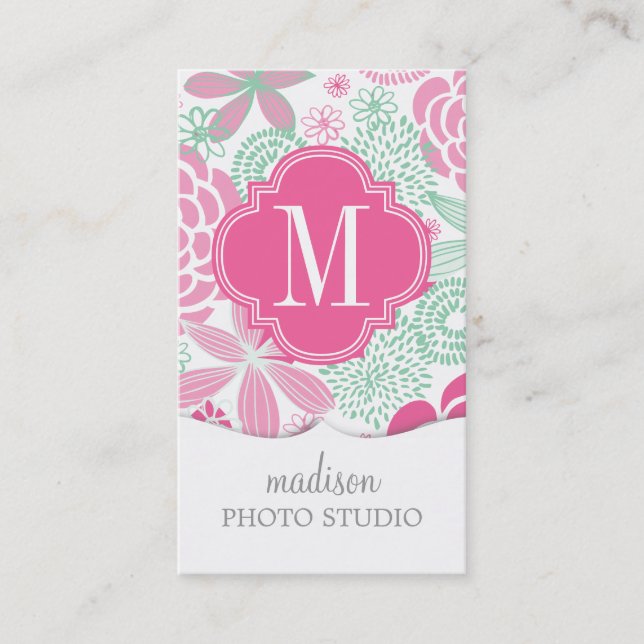 Tarjeta De Visita Floral femenino de la verde menta rosada fucsia (Anverso)