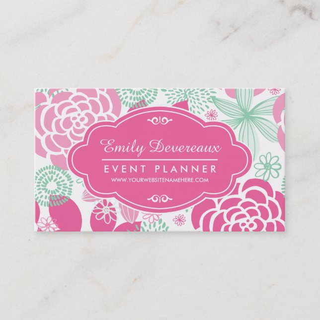 Tarjeta De Visita Floral femenino de la verde menta rosada fucsia (Anverso)
