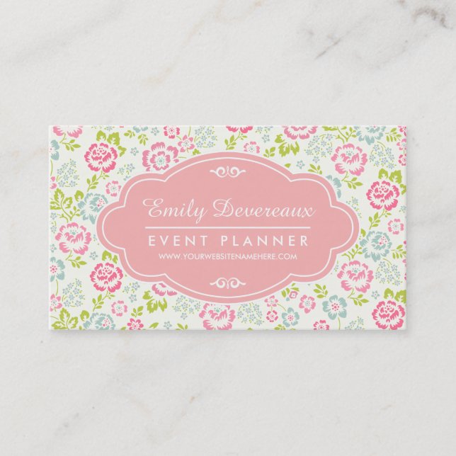 Tarjeta De Visita Floral femenino rosado y azul lindo personalizado (Anverso)