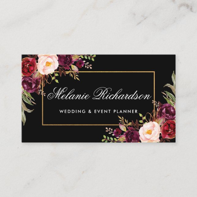 Tarjeta De Visita Floral Floral Burgundy Black Gold (Anverso)