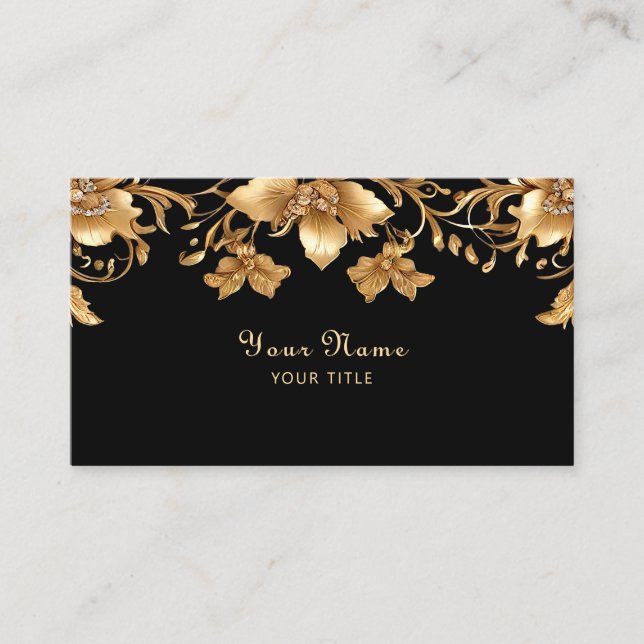 Tarjeta de visita floral Gold Black Ornate (Anverso)