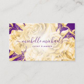 Tarjeta De Visita Floral Gold Purple Script moderno