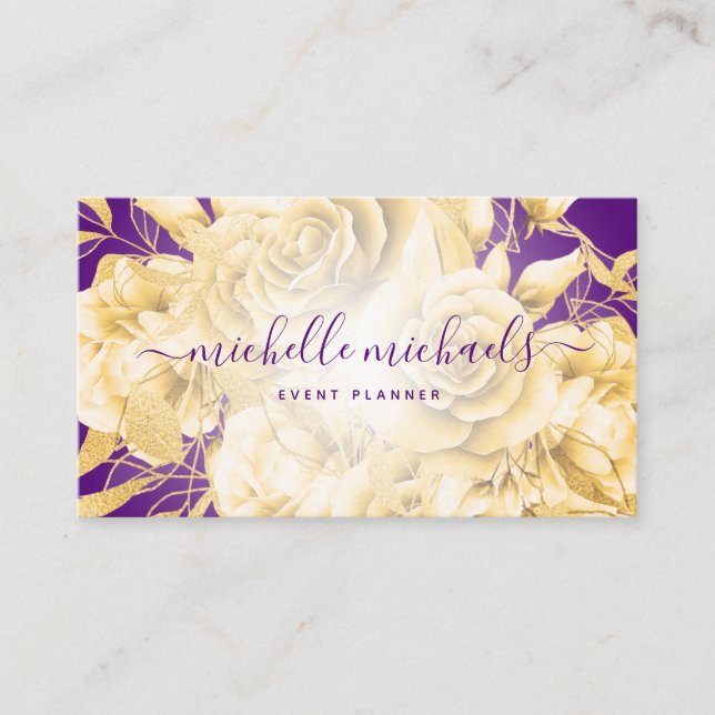 Tarjeta De Visita Floral Gold Purple Script moderno (Anverso)