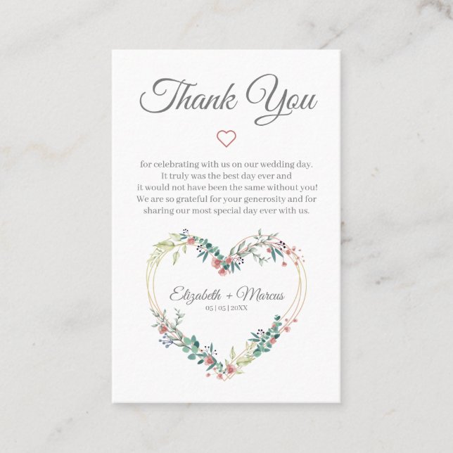 Tarjeta De Visita Floral Heart in Pink with Thanks (Anverso)