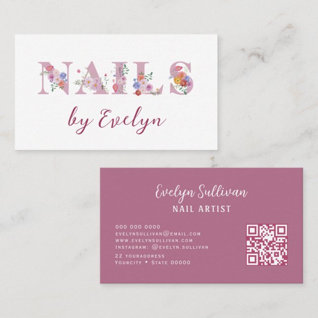 Tarjeta de visita Floral Letras Nails (Anverso / Reverso)