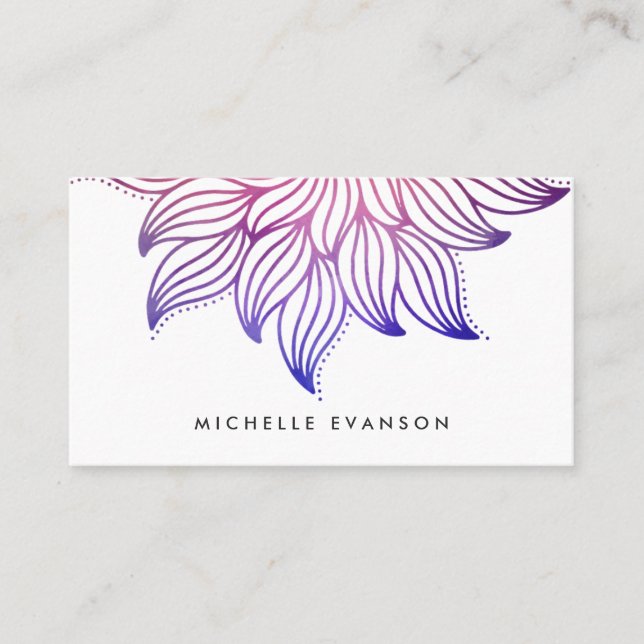 Tarjeta De Visita Floral Mandala azul y morado acuarela Boho (Anverso)